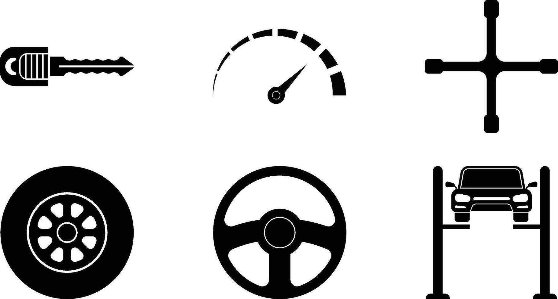 Automotive Speedometer, Cross Wrench, Lift, Steering Wheel, Tire, Key. Car Repair Service Icons vector