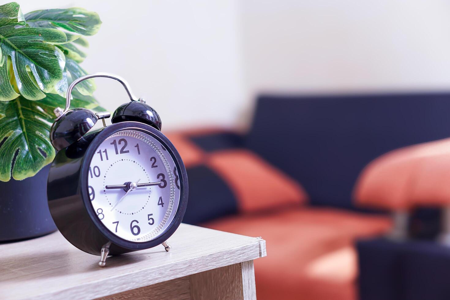 A black alarm clock sits on a wooden surface next to a green plant in a cozy living space. photo