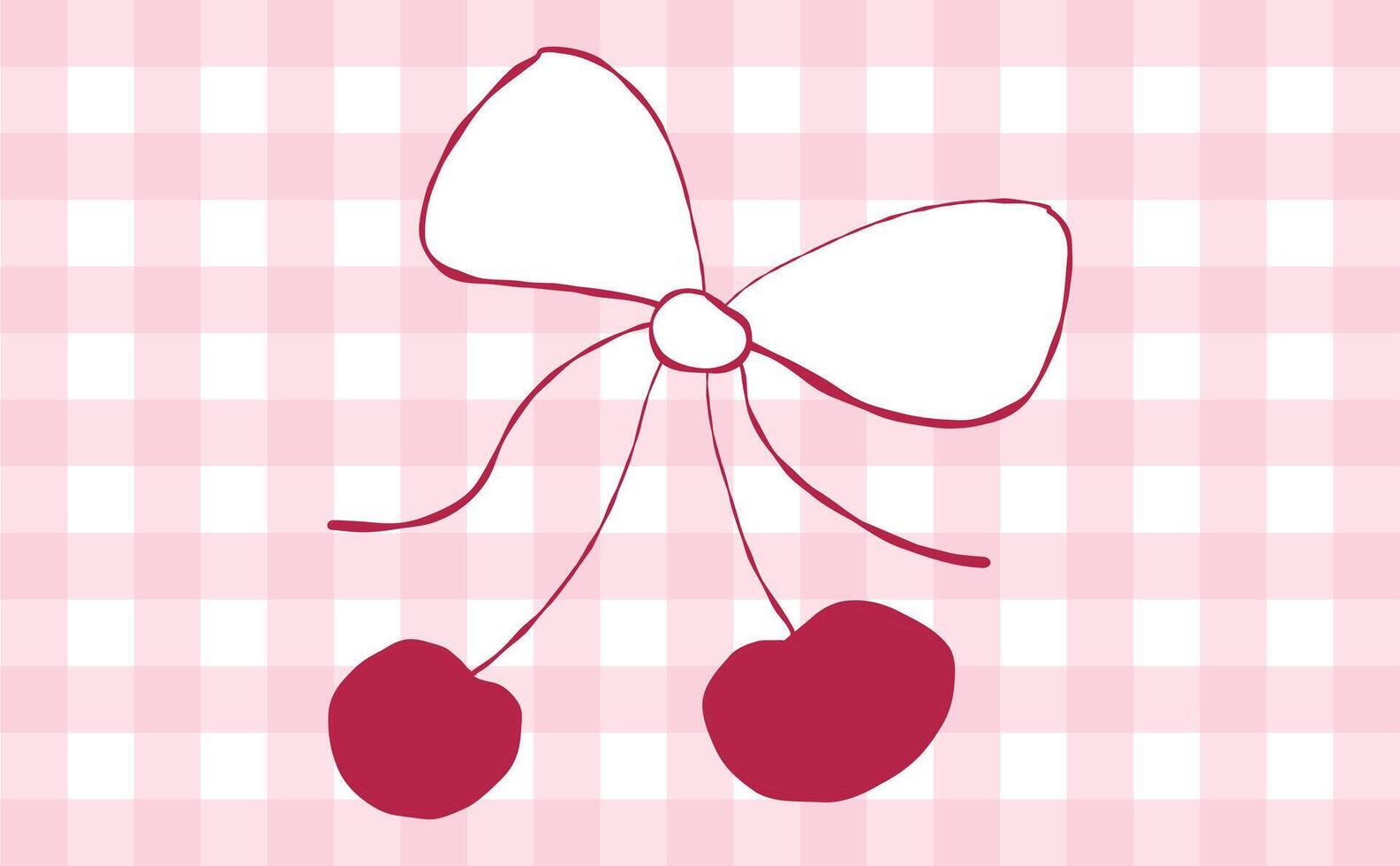 y2k aesthetic bow with cherry coquette design on the pink gingham background. hand drawn line art . trendy style ribbon bow girly elements. vector