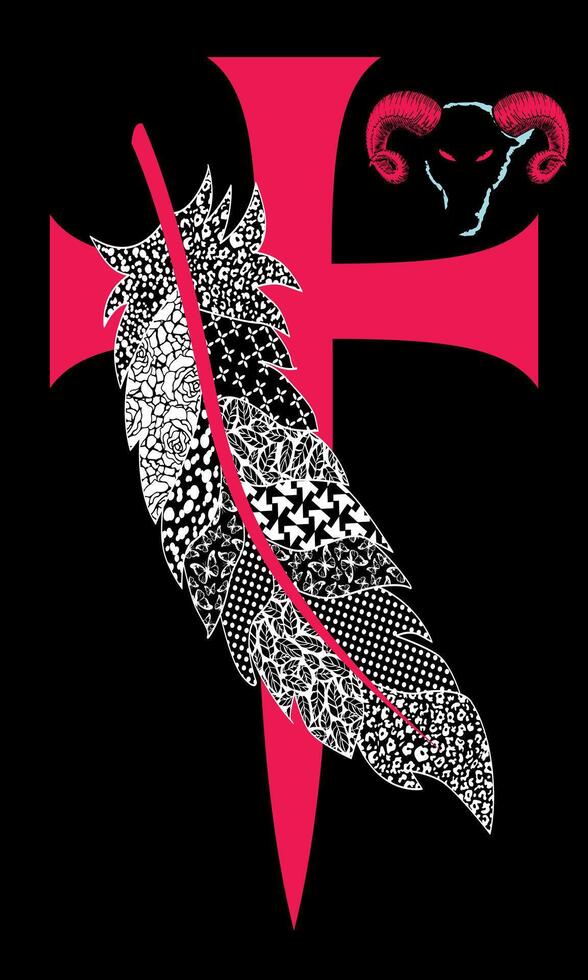T-shirt design of a large medieval cross next to a feather and a ram's head with horns. Ideal image to illustrate knight-errantry. vector