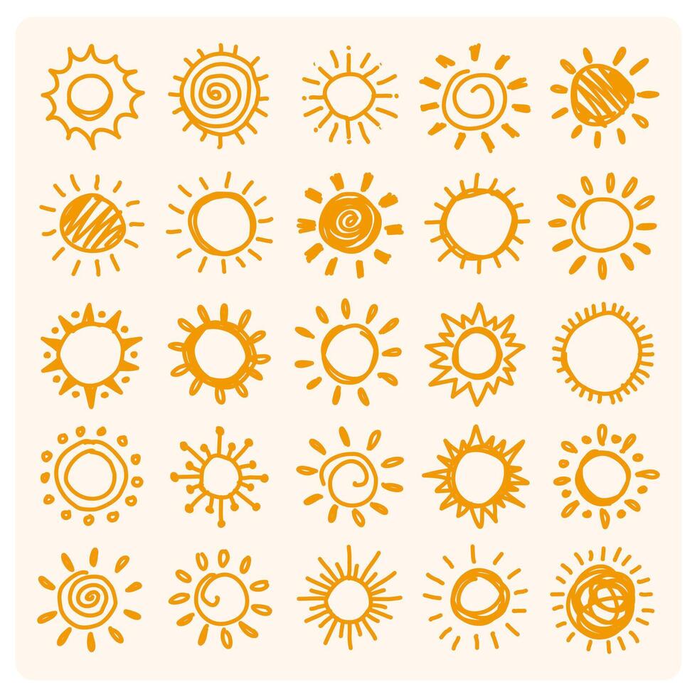 Set of yellow suns in Flat design isolated white background. funny icons sun doodle. Modern simple flat sunlight sign. vector