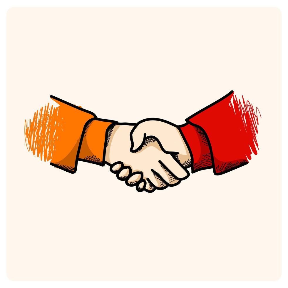 Handshake. Two Hands Shaking. Business Deal Hand Sign doodle style drawing vector