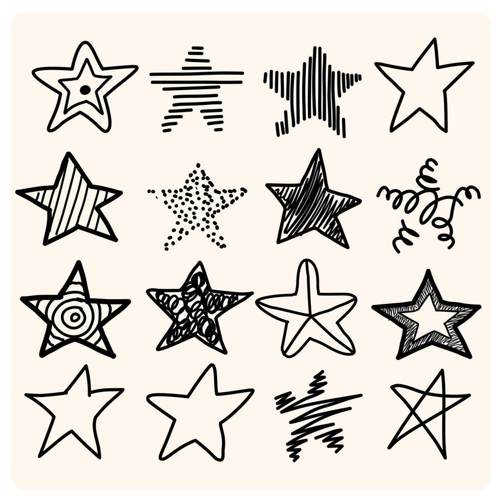 Set of black hand drawn stars in doodle style on cream background vector