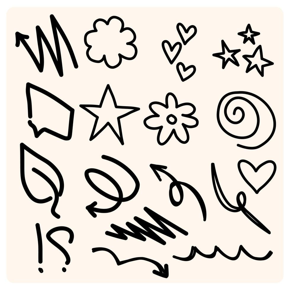 Hand drawn simple elements set. Sketch underlines, icons, emphasis, speech bubbles, arrows and shapes. vector
