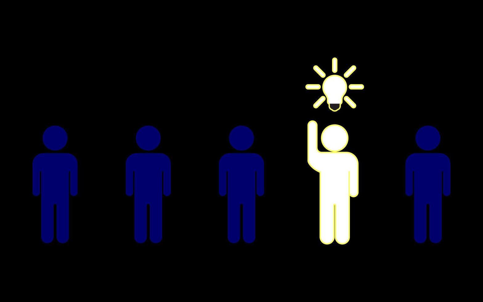 cartoon stick man. Stick figures standing in line, one having light bulb idea. vector