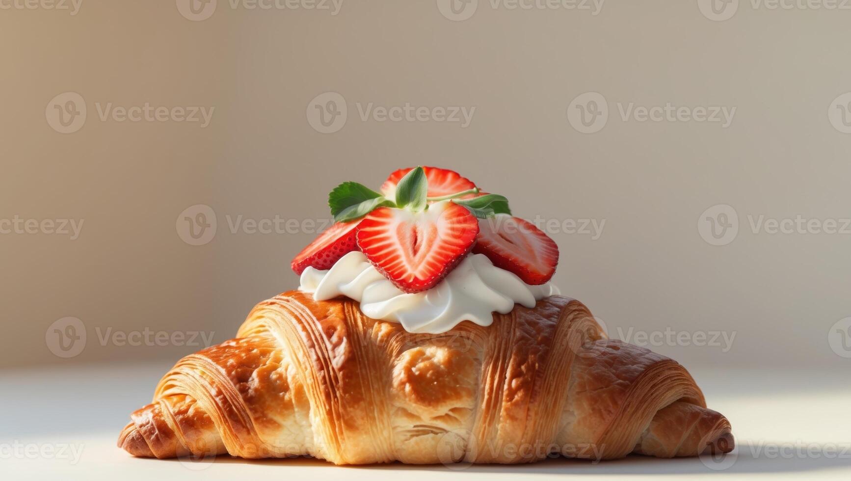 A croissant with strawberry slices and whipped cream on top photo