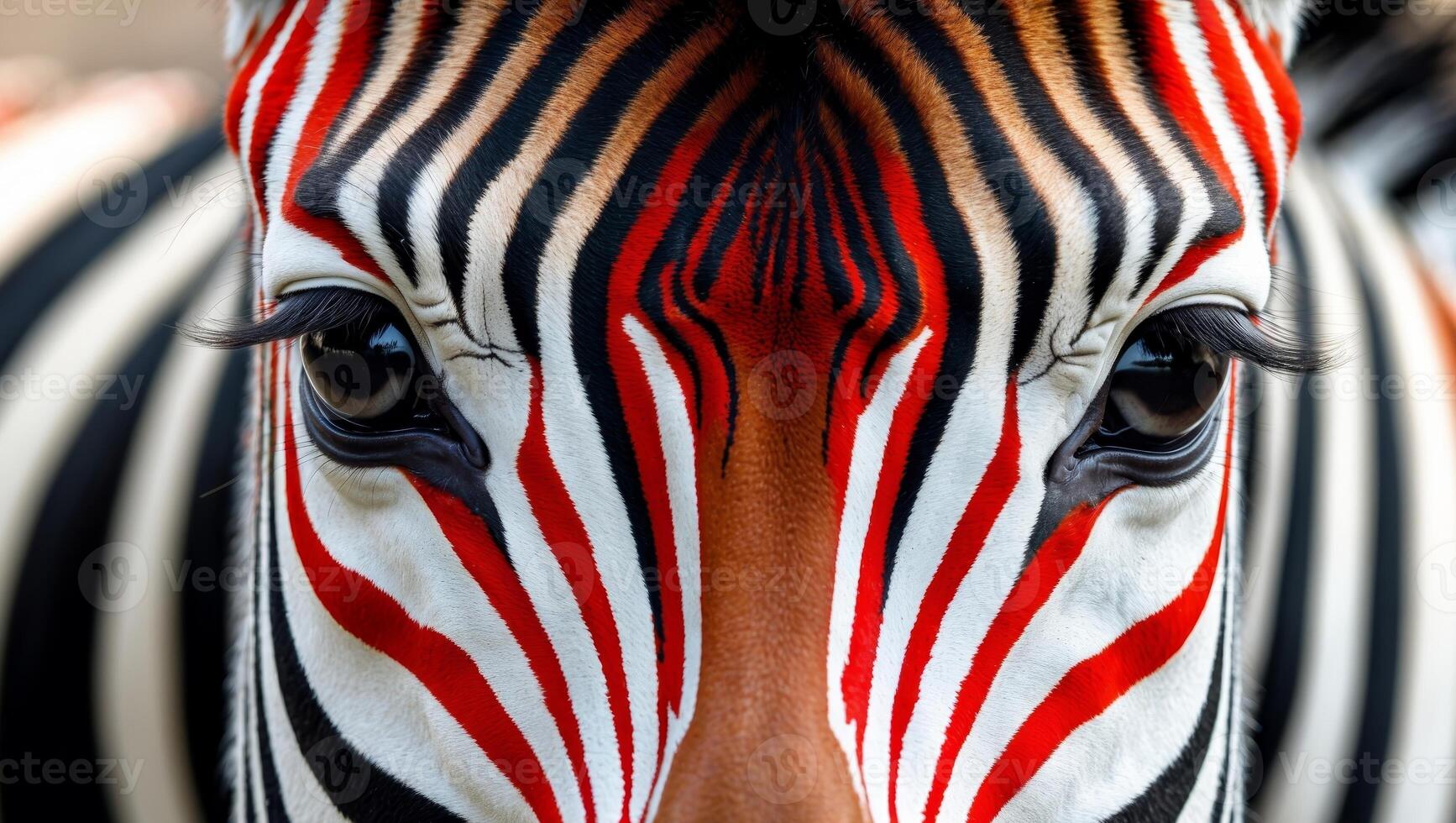 A close up of a zebra's face with red and white stripes. photo