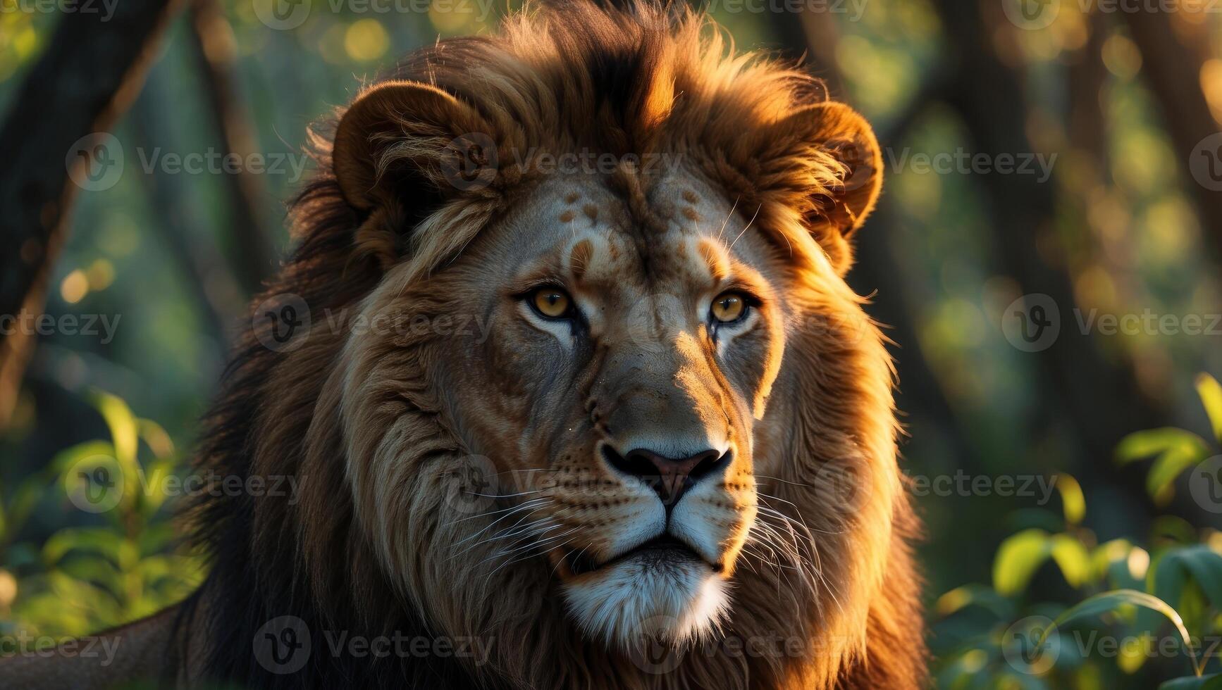 A close up of a lion's face in the woods. photo