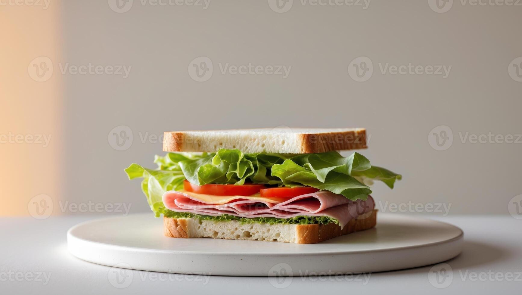 A ham and cheese sandwich with lettuce and tomato. photo
