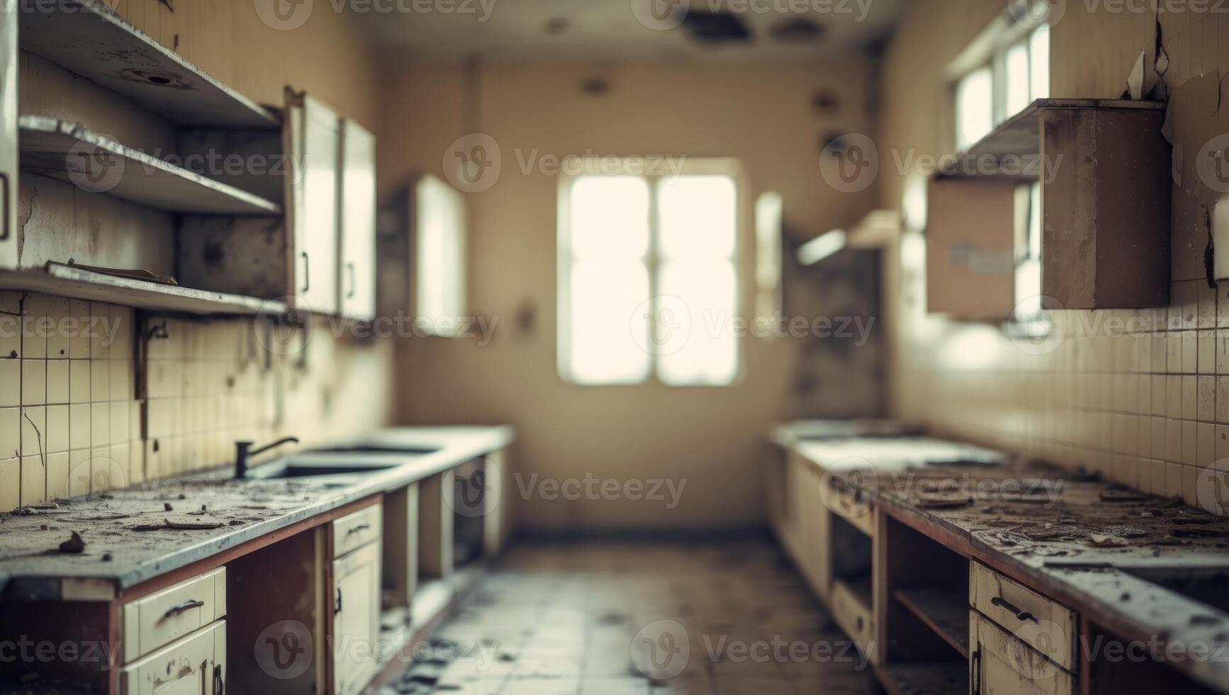 Abandoned kitchen scene with broken cabinets and tiled walls in dim lighting photo