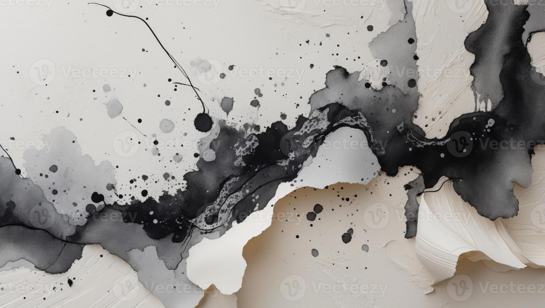 Abstract black and gray watercolor artwork with dynamic brush strokes and splatters on textured white paper photo