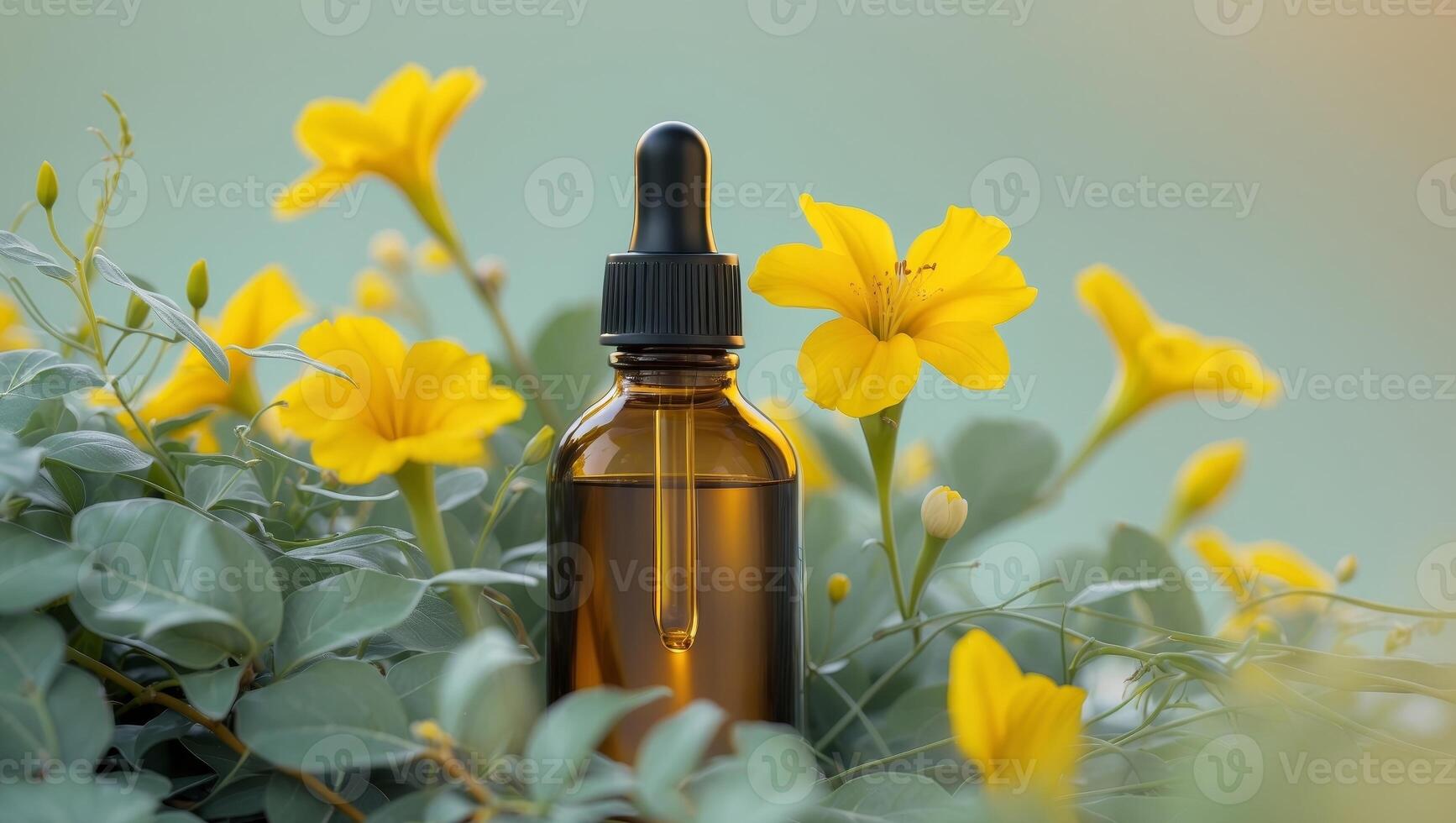 Amber Dropper Bottle in a Natural Setting with Yellow Flowers and Green Foliage. photo