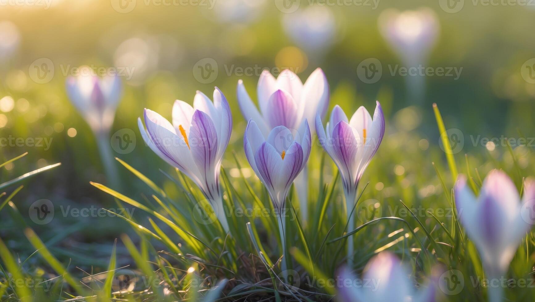 Blooming Crocus Flowers in Sunlit Grass Symbol of Spring and Natures Rebirth.Blooming Crocus Flowers in Sunlit Grass Symbol of Spring and Natures Rebirth. photo