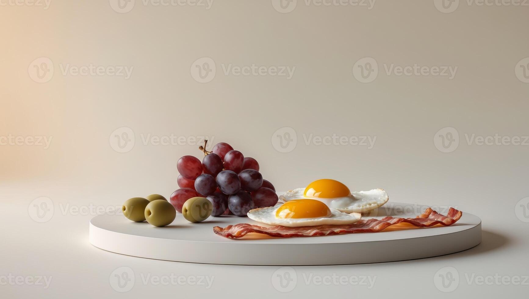 Breakfast food with eggs bacon grapes and olives.Breakfast food with eggs bacon grapes and olives. photo
