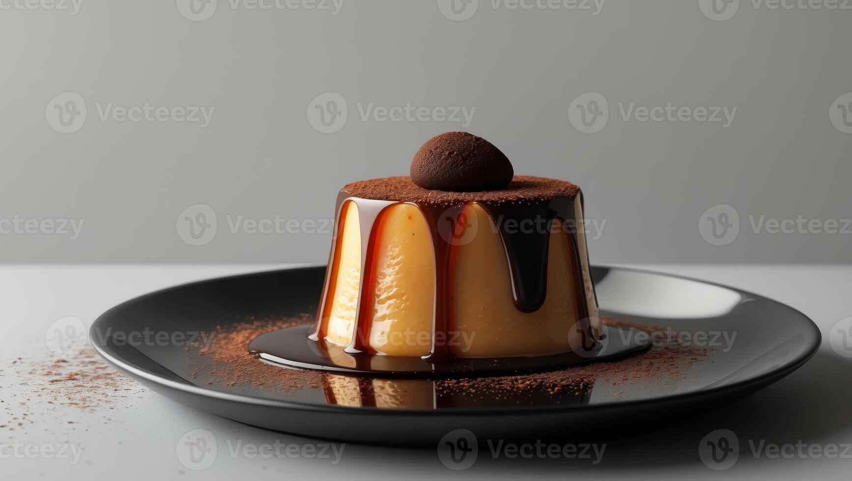 Delicious caramel flan drizzled with sauce and cocoa powder on a black plate.Delicious caramel flan drizzled with sauce and cocoa powder on a black plate. photo