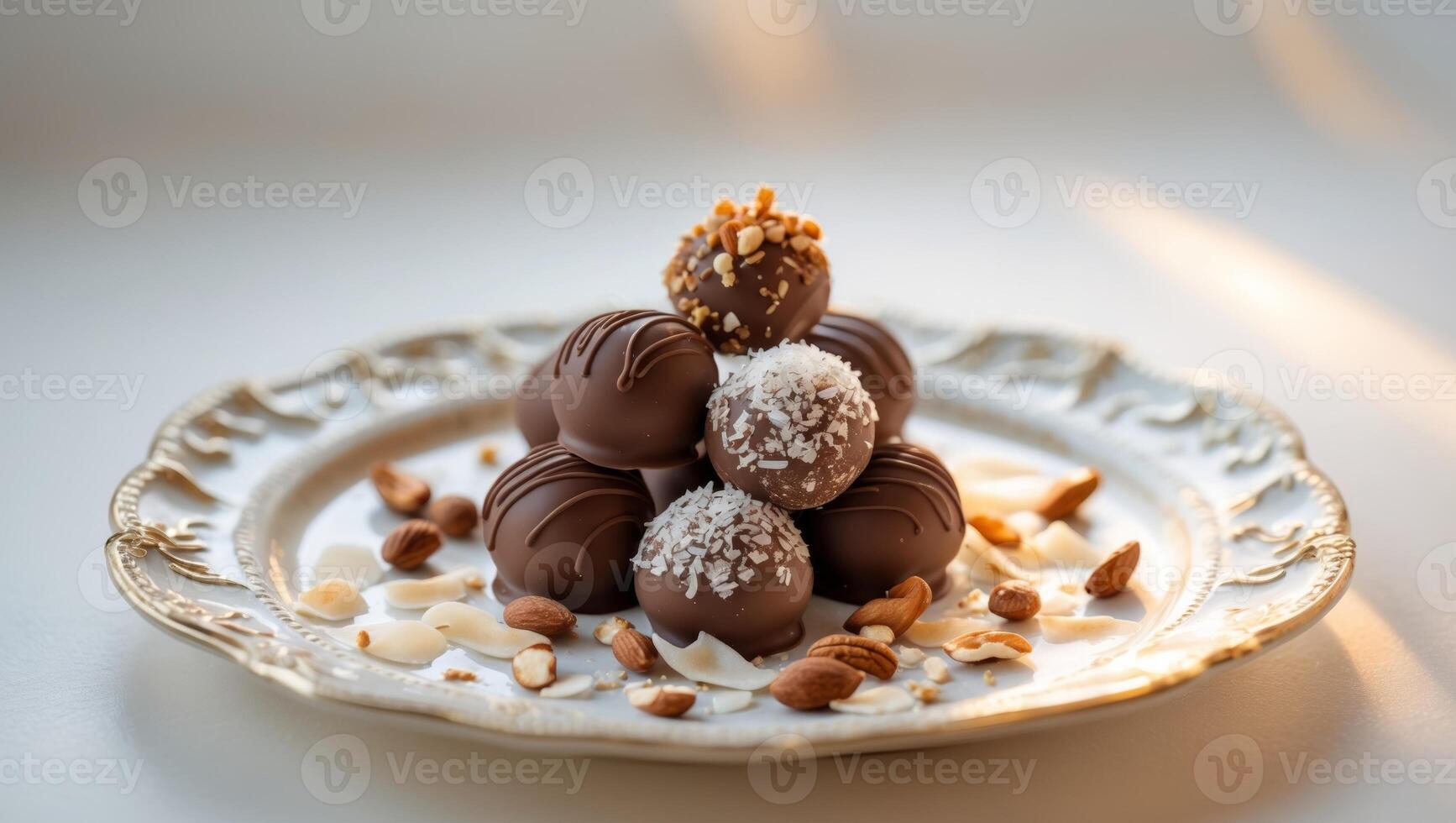 Delicious chocolate truffles topped with nuts and coconut on a decorative plate photo