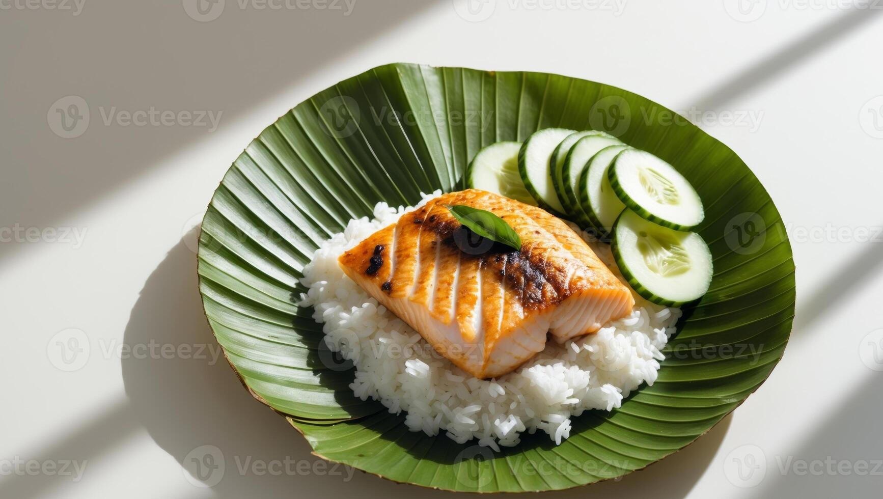 Delicious Grilled Fish with Rice and Cucumber Slices Served on Banana Leaf PlateDelicious Grilled Fish with Rice and Cucumber Slices Served on Banana Leaf Plate. photo