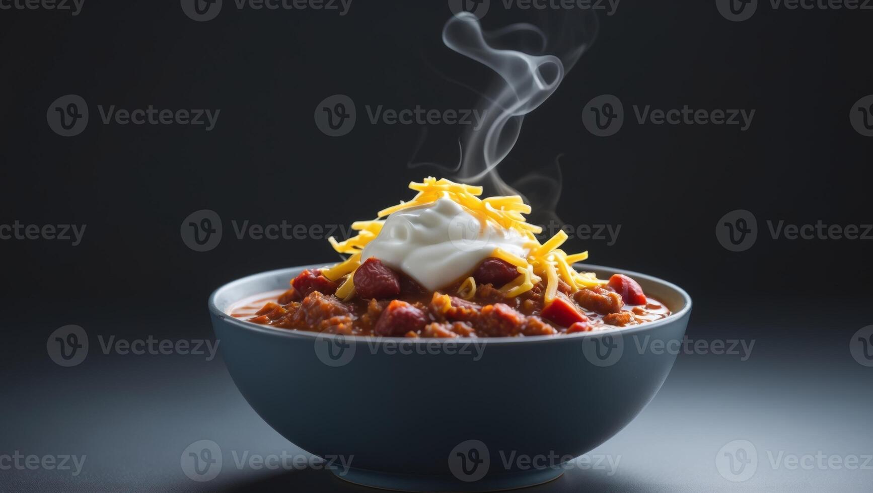 Delicious Homemade Chili with Cheese and Sour Cream on Black BackgroundDelicious Homemade Chili with Cheese and Sour Cream on Black Background. photo