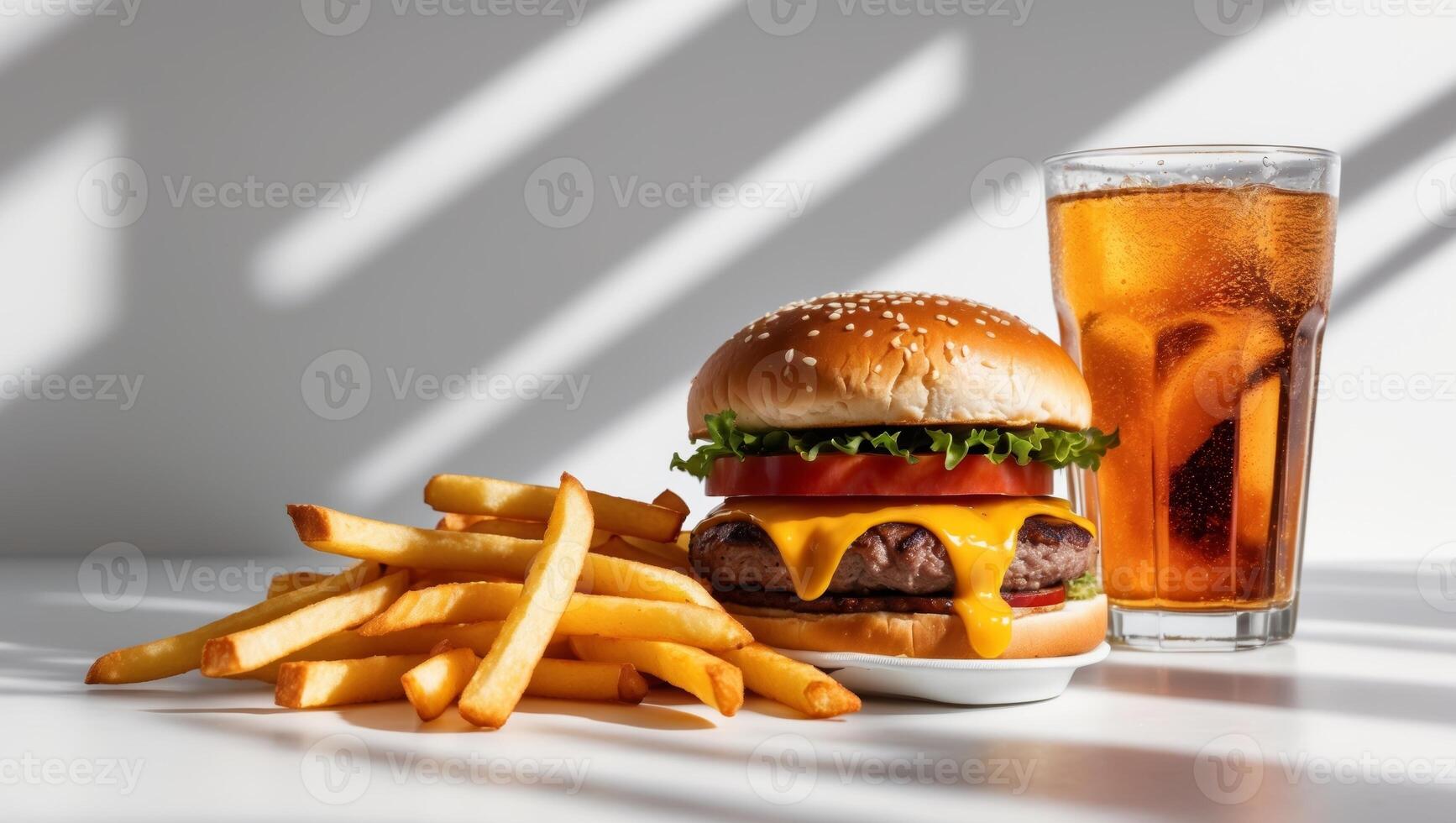 Delicious Fast Food Meal with Burger Fries and Soda photo