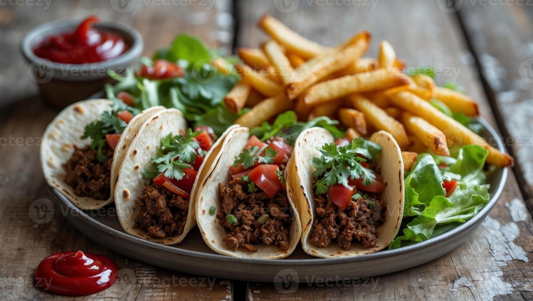 Delicious tacos with meat served alongside crispy french fries salad and ketchup on rustic wooden background. photo
