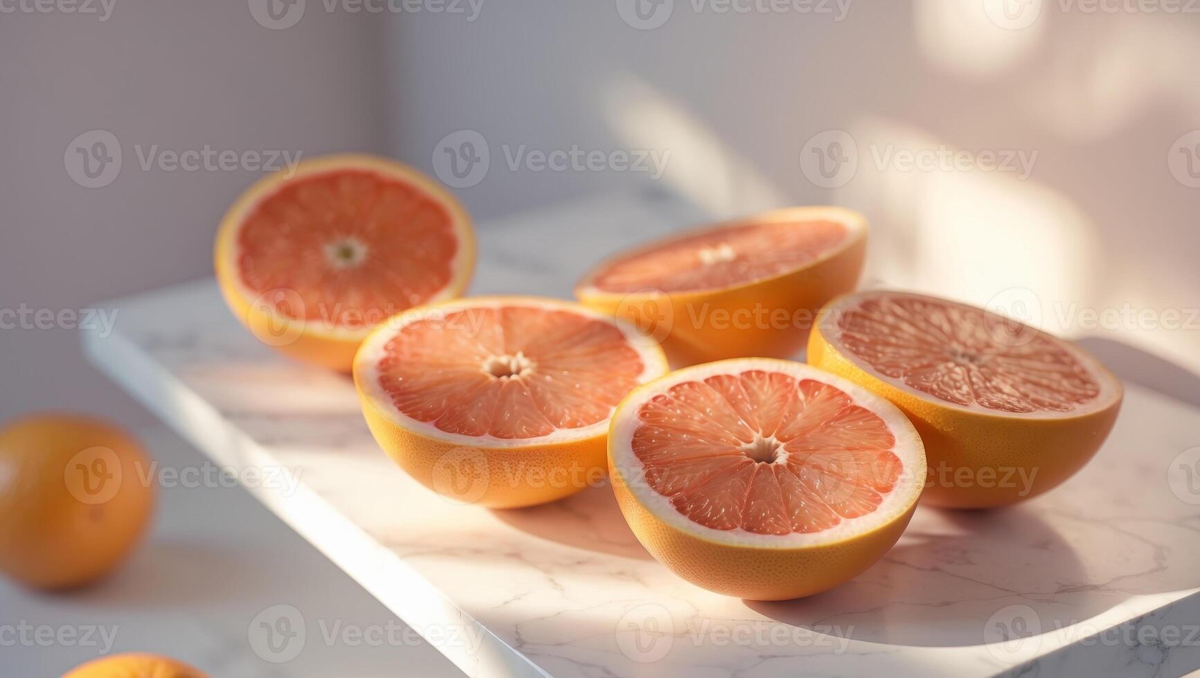 Fresh grapefruit halves arranged on a bright surface with shadows and sunlight. photo