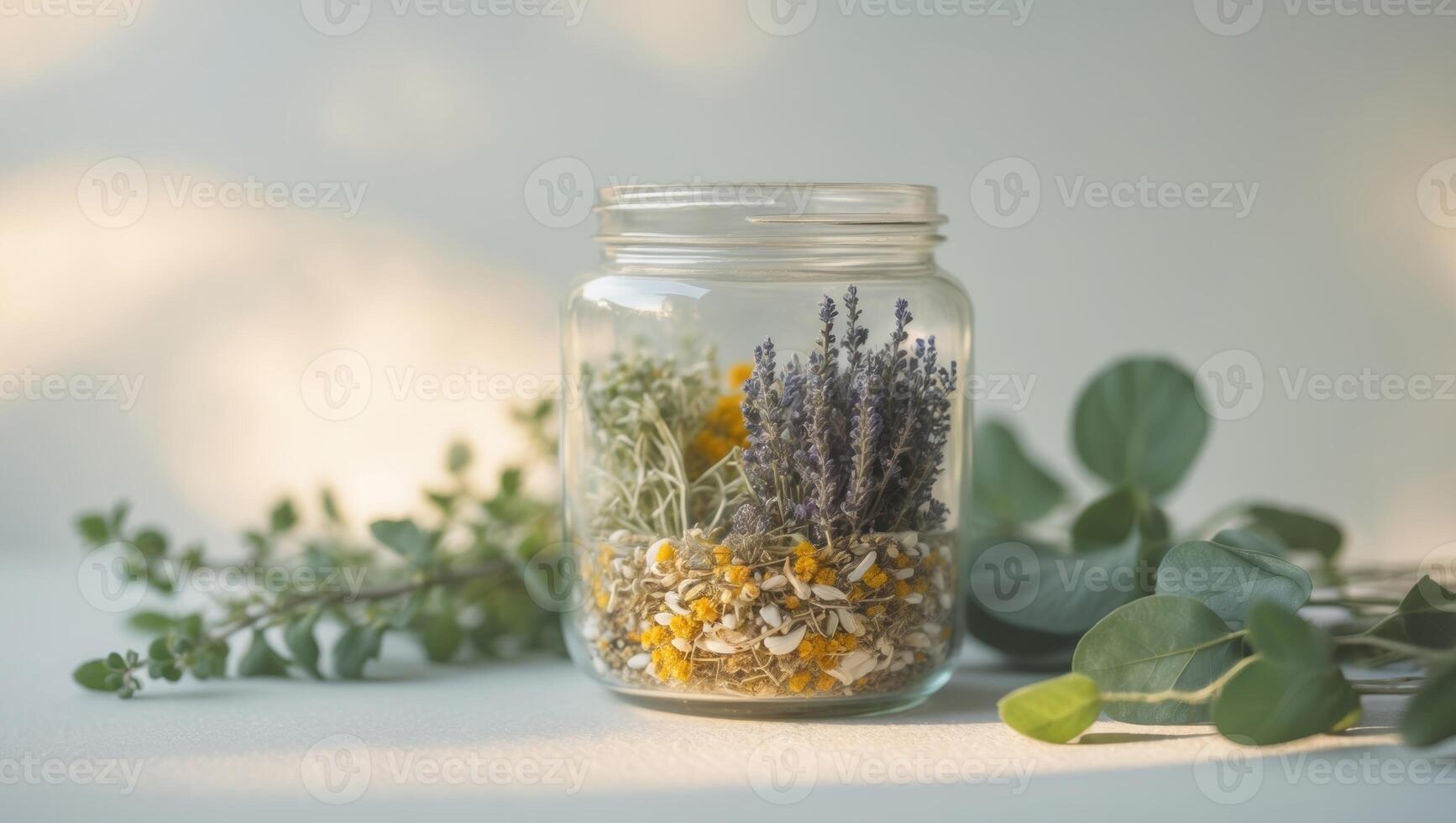 Glass Jar of Herbal Medicine with Dried Herbs and Fresh Greenery photo