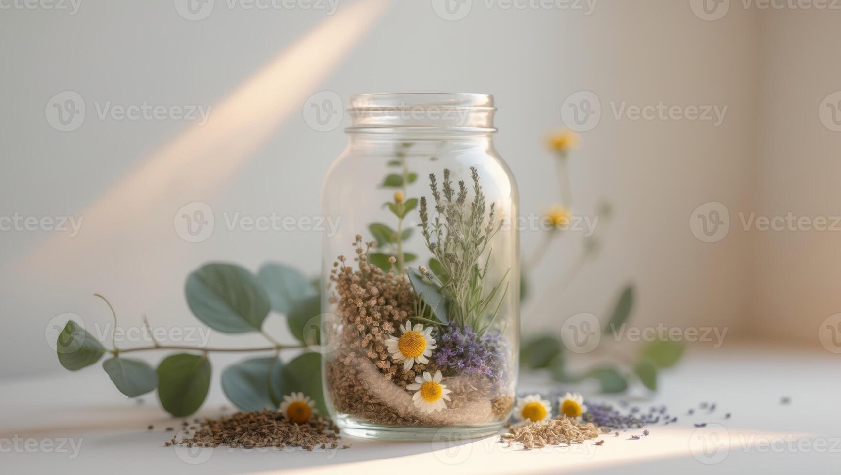 Glass Jar of Herbal Medicine with Dried Herbs and Fresh GreeneryGlass Jar of Herbal Medicine with Dried Herbs and Fresh Greenery. photo