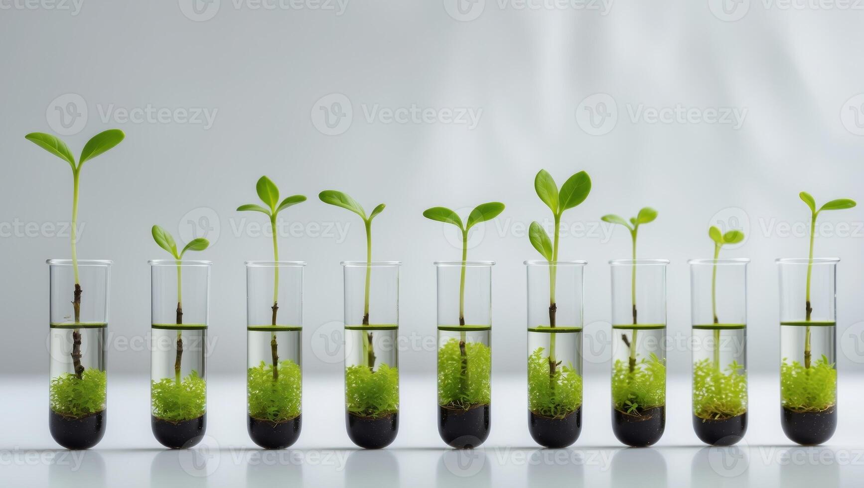 Green seedlings in test tubes representing biotechnology and growth. photo