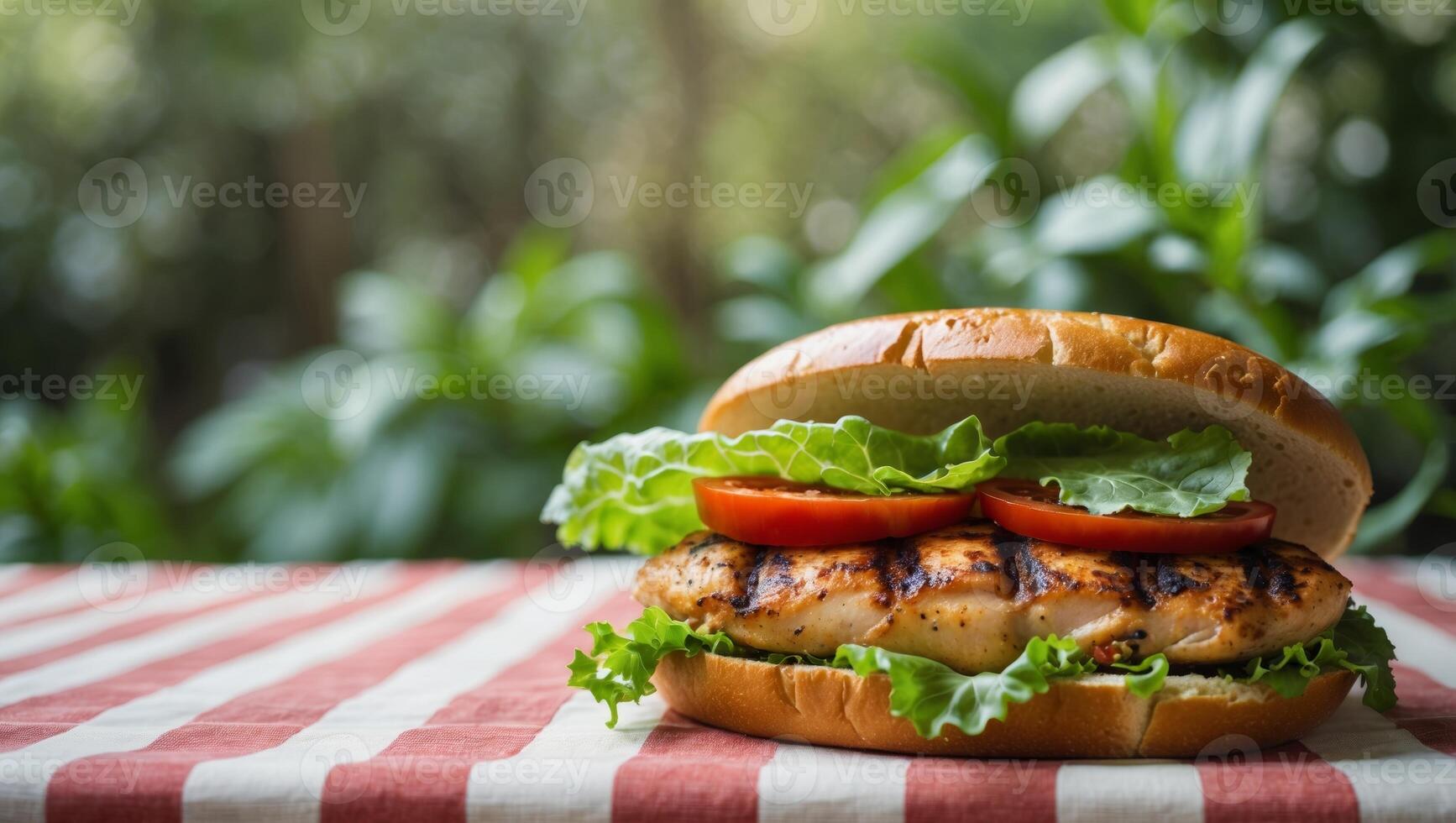 Grilled chicken sandwich with lettuce and tomato on checkered tablecloth in natural setting photo
