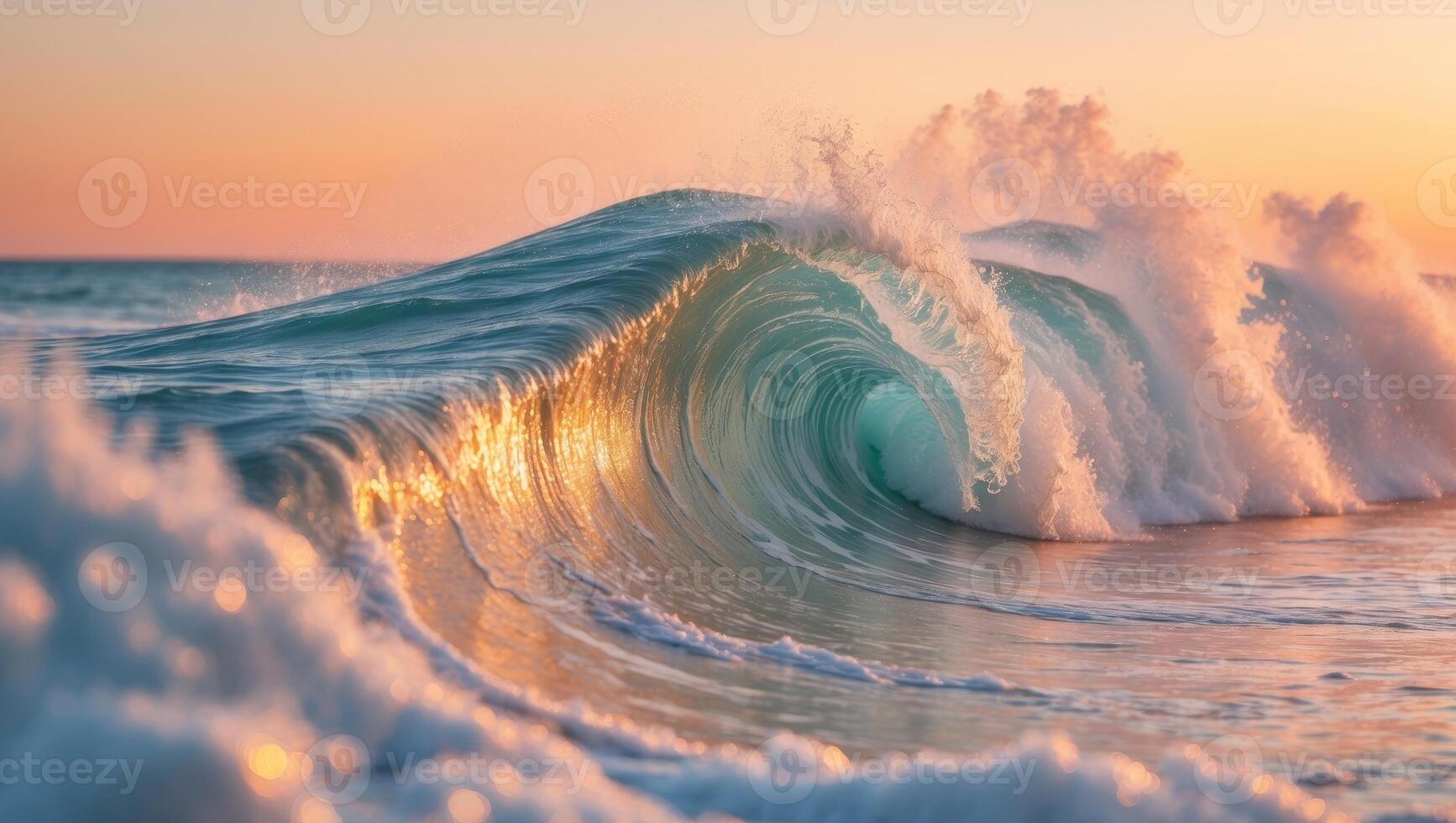 Majestic Ocean Wave at Golden Sunset Glow.Majestic Ocean Wave at Golden Sunset Glow. photo