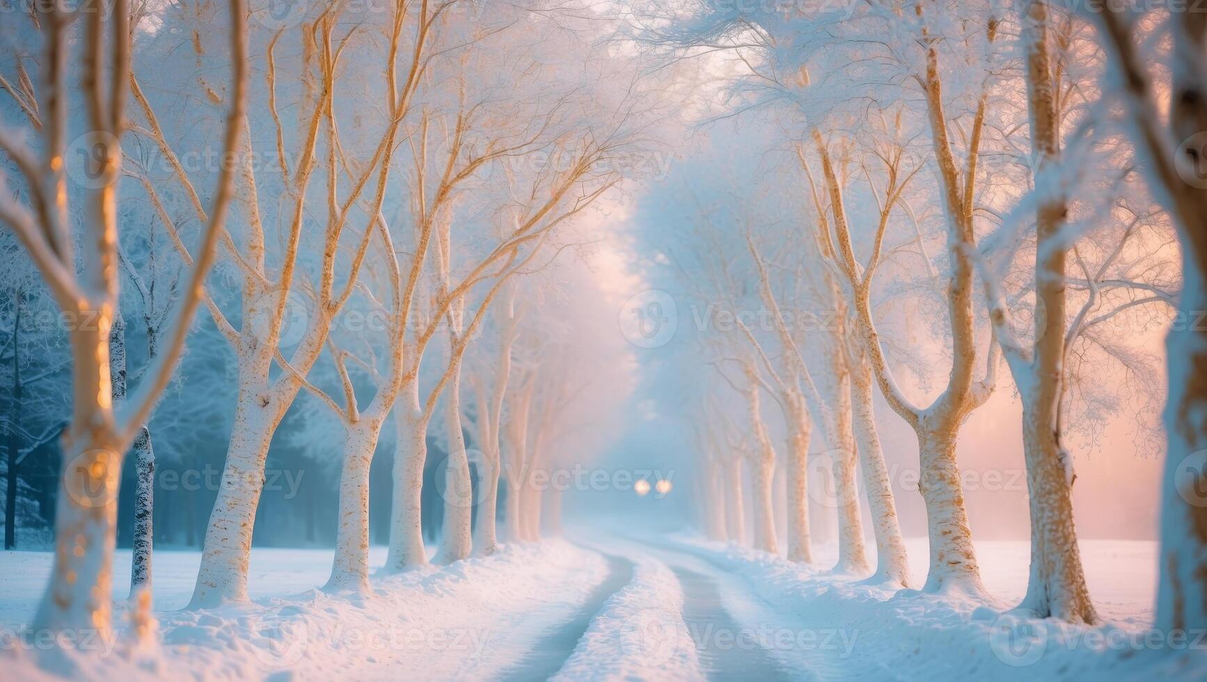 Magical Winter Wonderland White Gold Trees Snowy Path Festive Background.Magical Winter Wonderland White Gold Trees Snowy Path Festive Background. photo