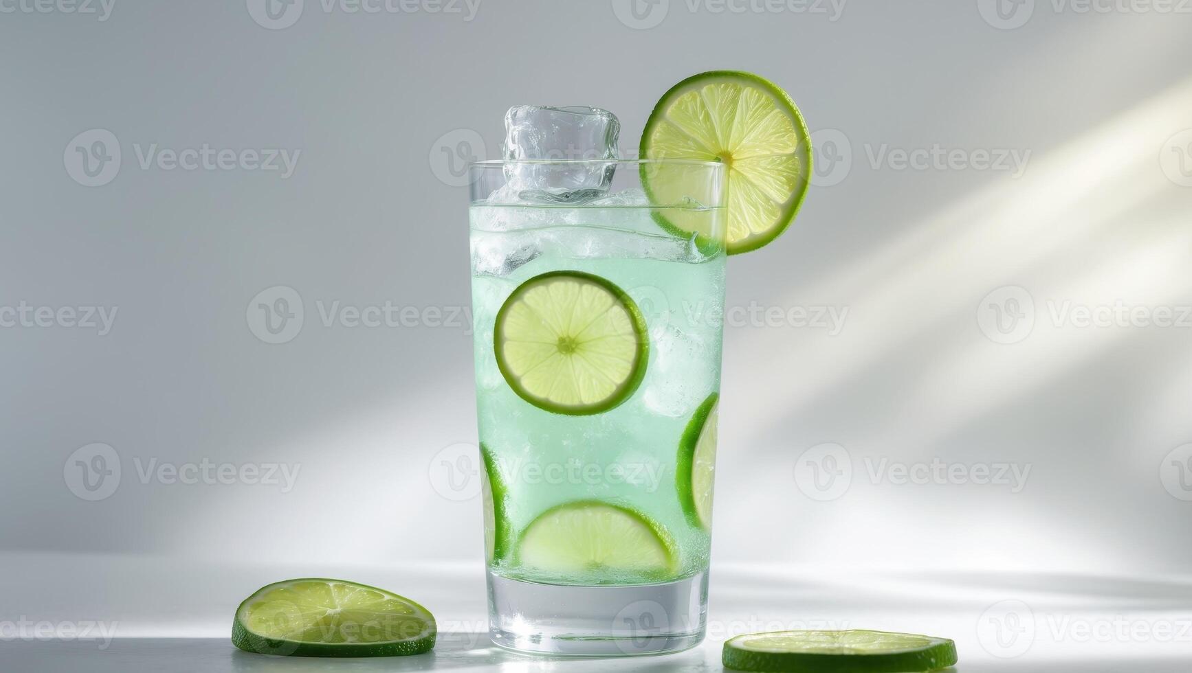 Refreshing drink with lime slices and ice cubes in glass. photo