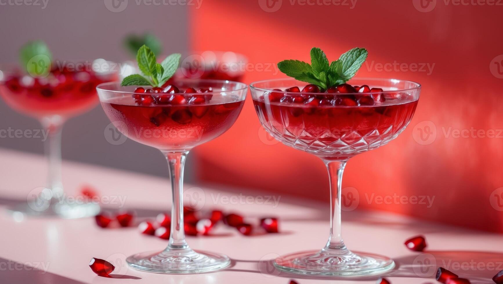 Refreshing pomegranate drinks served in elegant glasses on a vibrant red background.Refreshing pomegranate drinks served in elegant glasses on a vibrant red background. photo