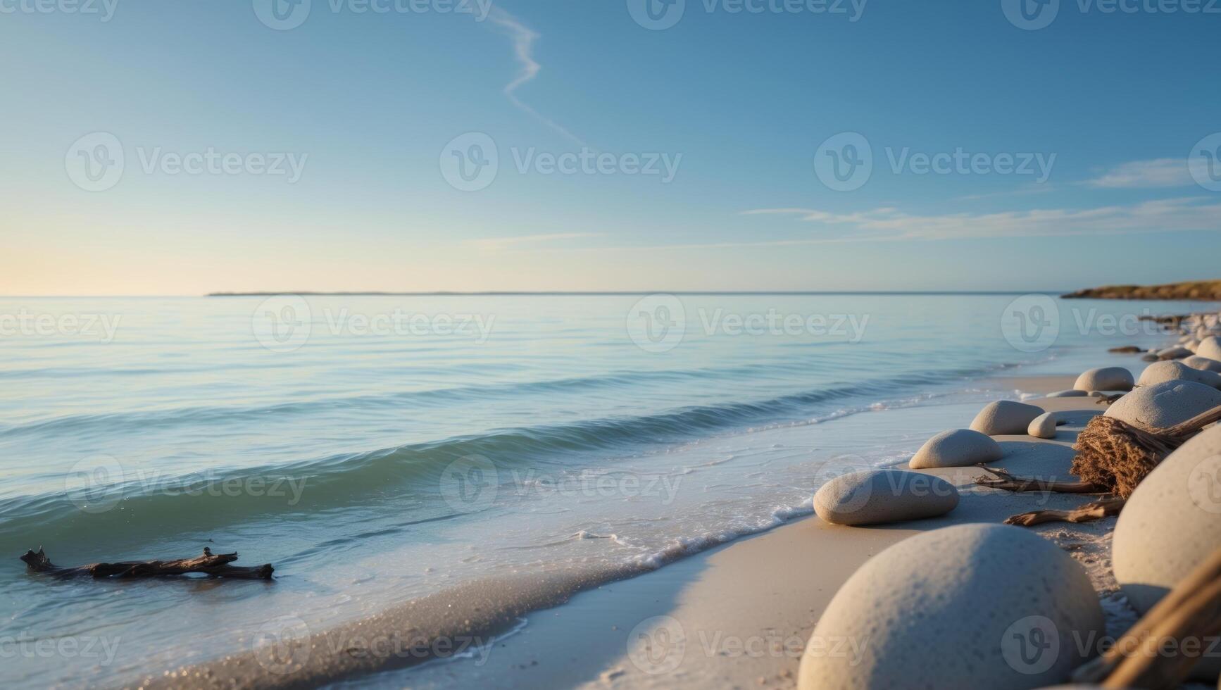 Serene coastline with azure waters and clear skies ideal for contemplation and tranquility photo