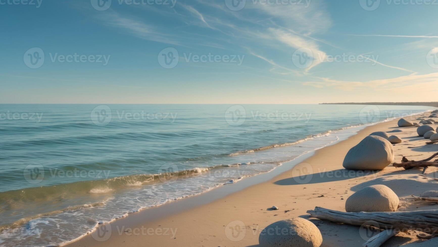 Serene coastline with azure waters and clear skies ideal for contemplation and tranquilitySerene coastline with azure waters and clear skies ideal for contemplation and tranquility. photo
