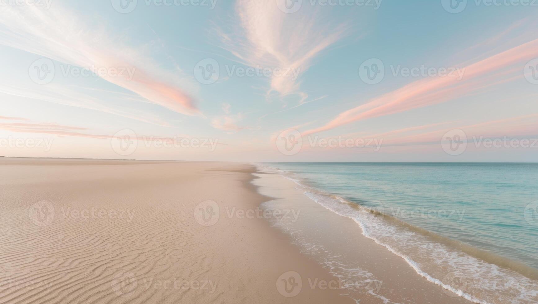 Serene Coastal Scene with Golden Sand and Gentle Waves under a Pastel Sky photo