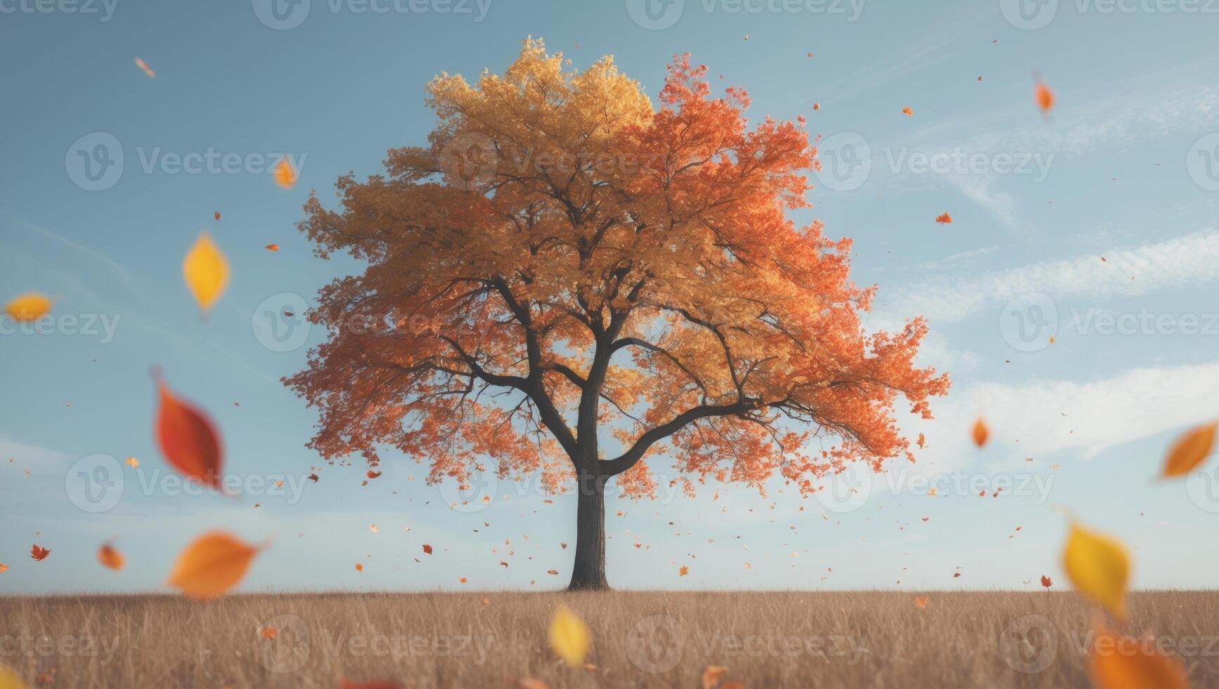 Single tree in a field with autumn leaves falling from it photo