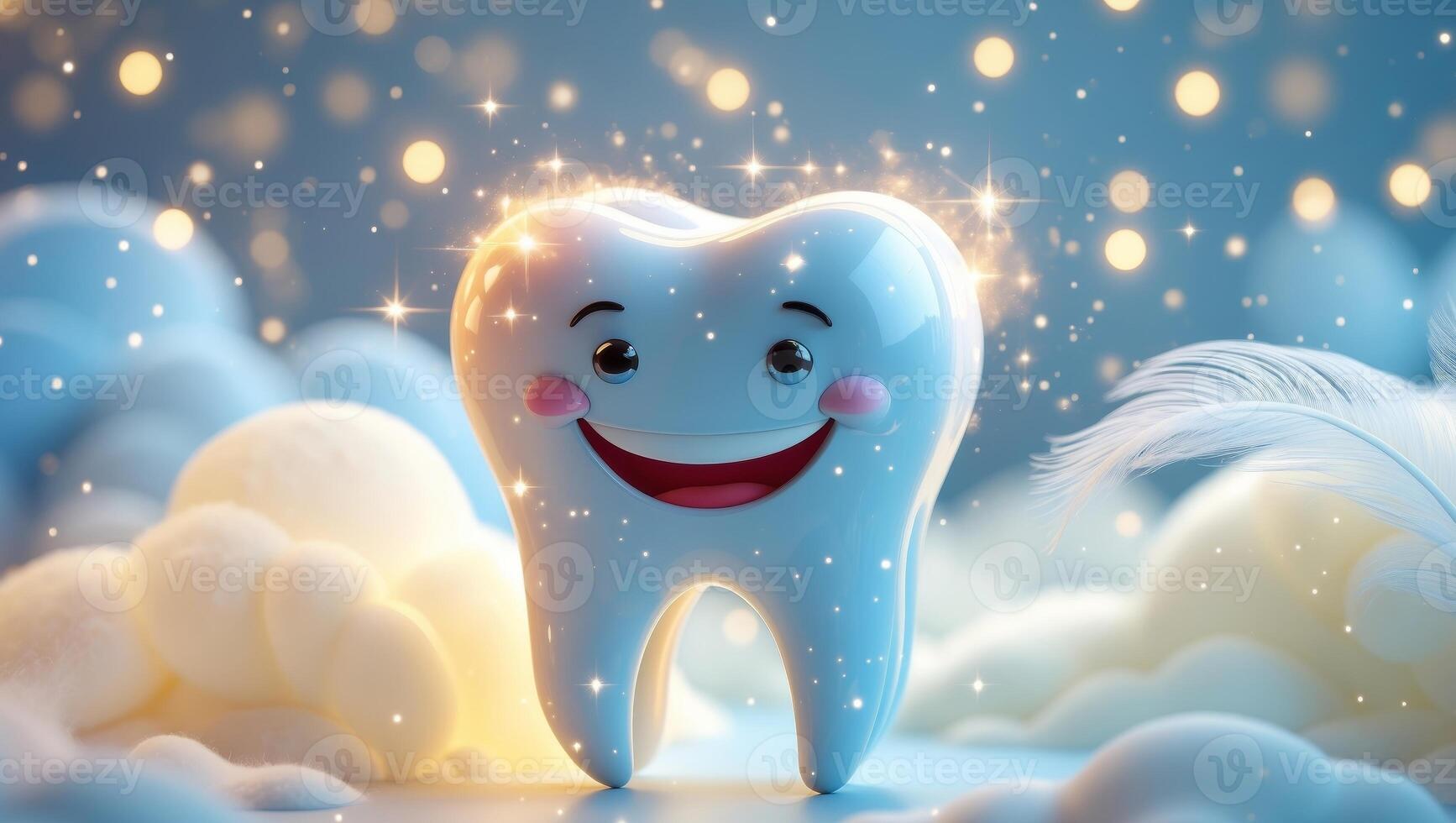 Smiling cartoon tooth shines bright in a magical world of twinkling lights and joy. photo