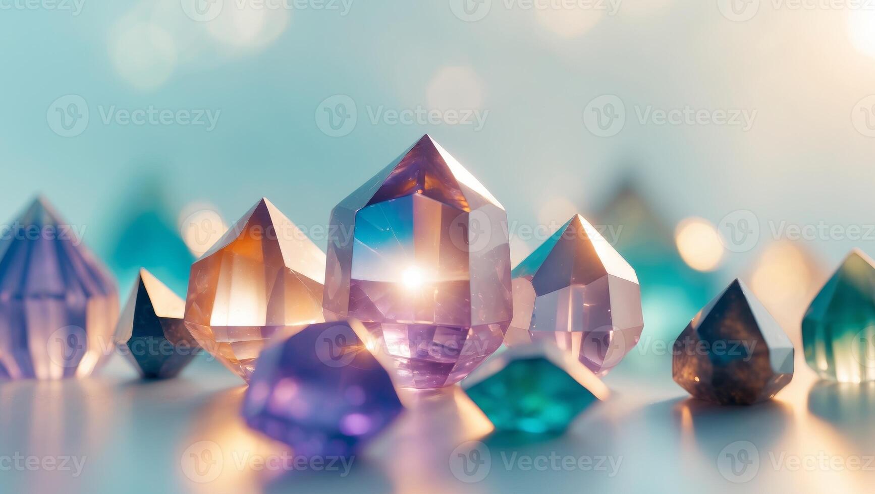 Vibrant crystal gemstones intertwined with light creating a serene atmosphere for healing rituals and mindfulness meditation practices. photo