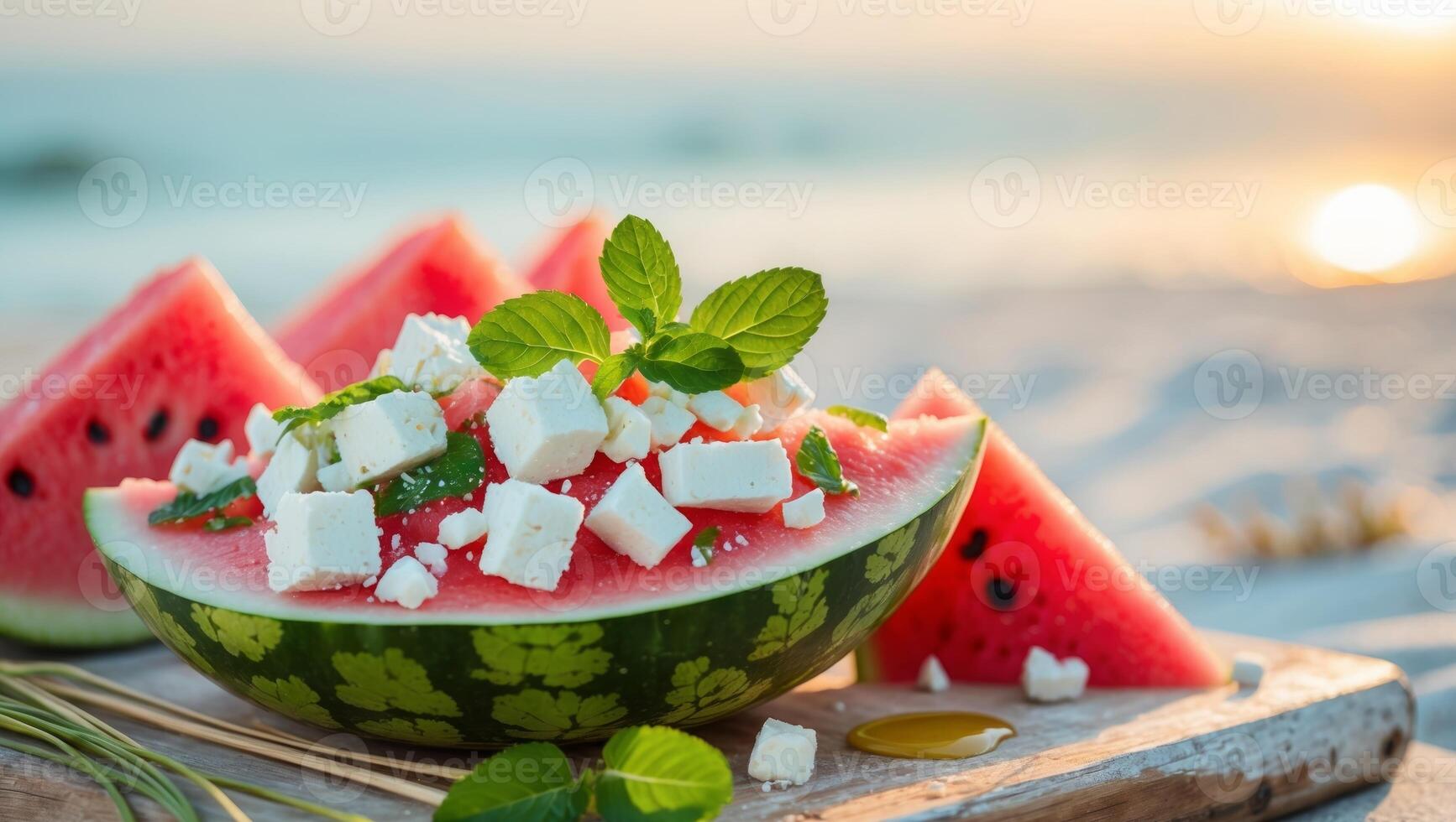 Watermelon and feta salad enjoyed by the beach photo