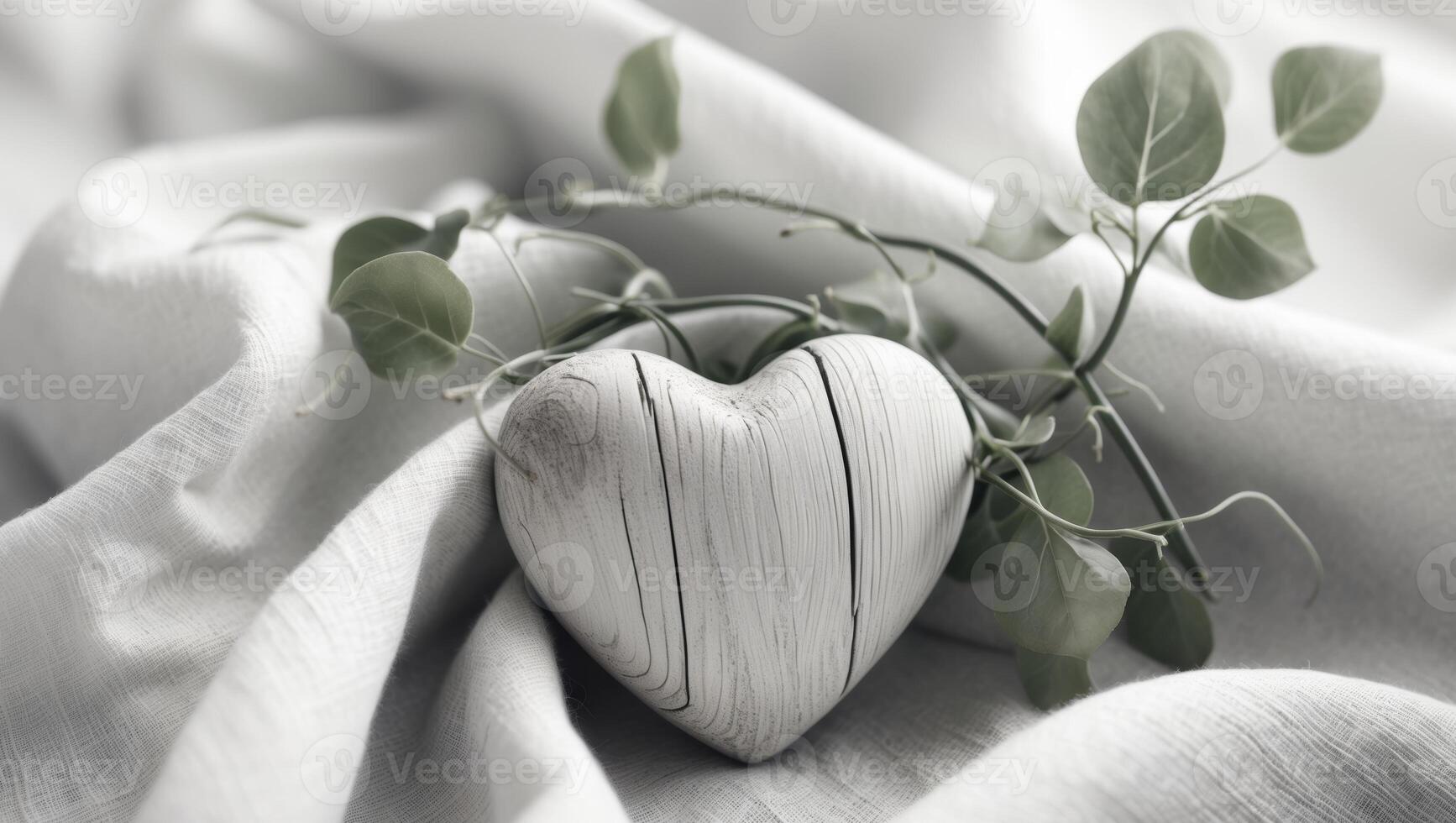 Wooden heart entwined with green vines resting gracefully on soft linen fabric photo