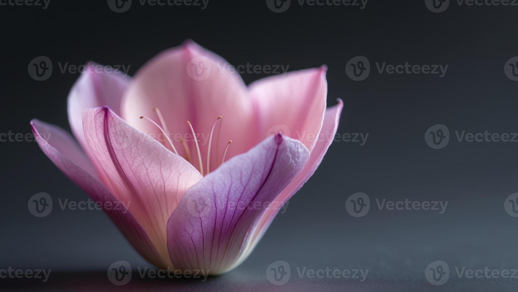 A close up of a pink and purple flower on a black background photo
