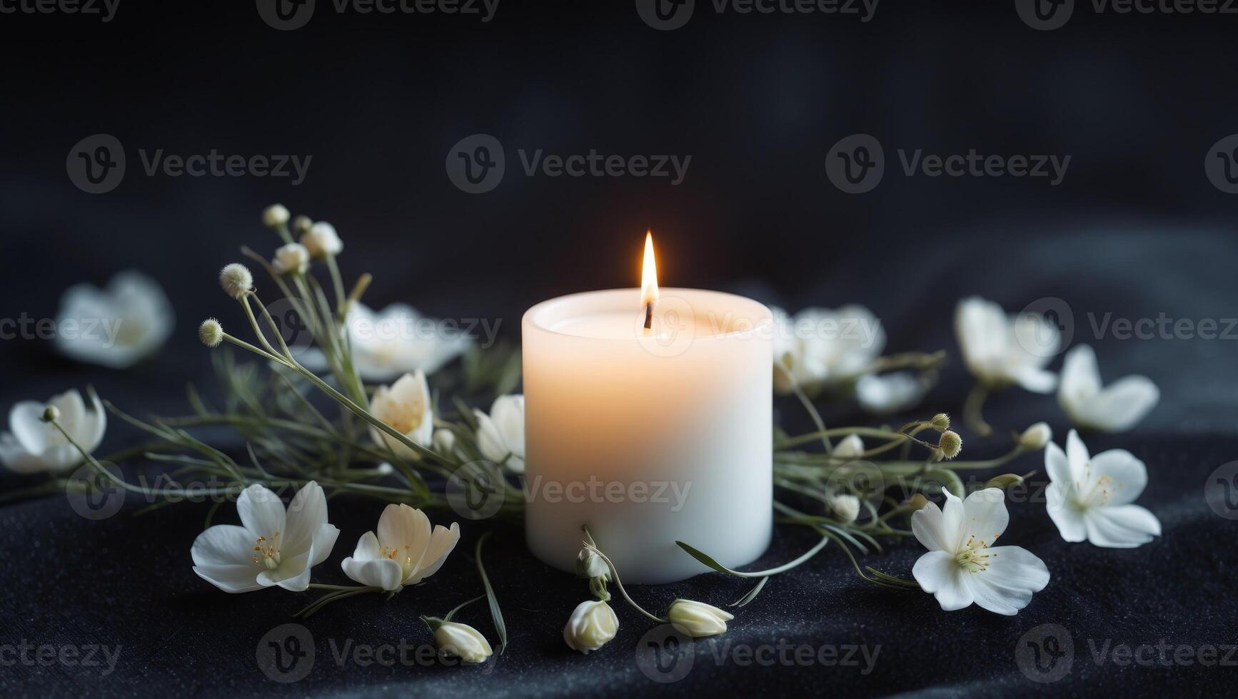 A White Candle with Flowers on a Black BackgroundA White Candle with Flowers on a Black Background. photo