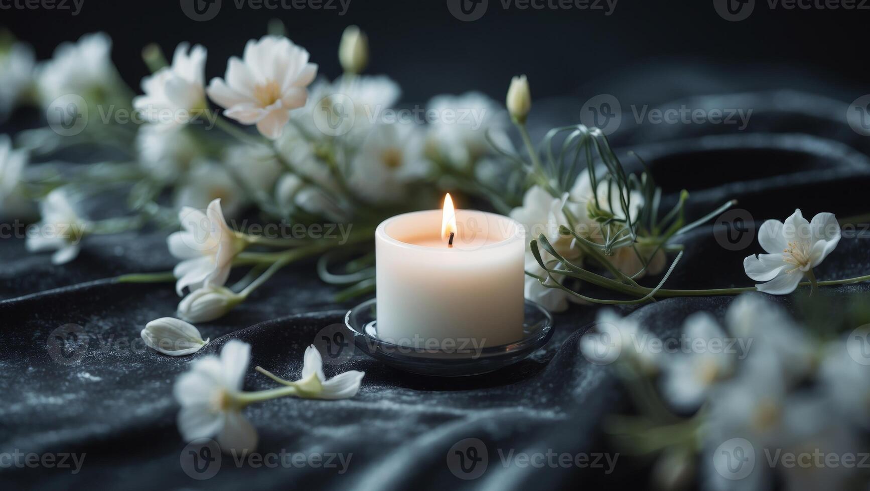 A White Candle with Flowers on a Black Background photo