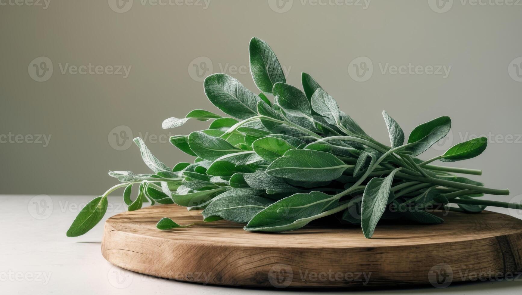 A wooden cutting board topped with fresh sage leavesA wooden cutting board topped with fresh sage leaves. photo