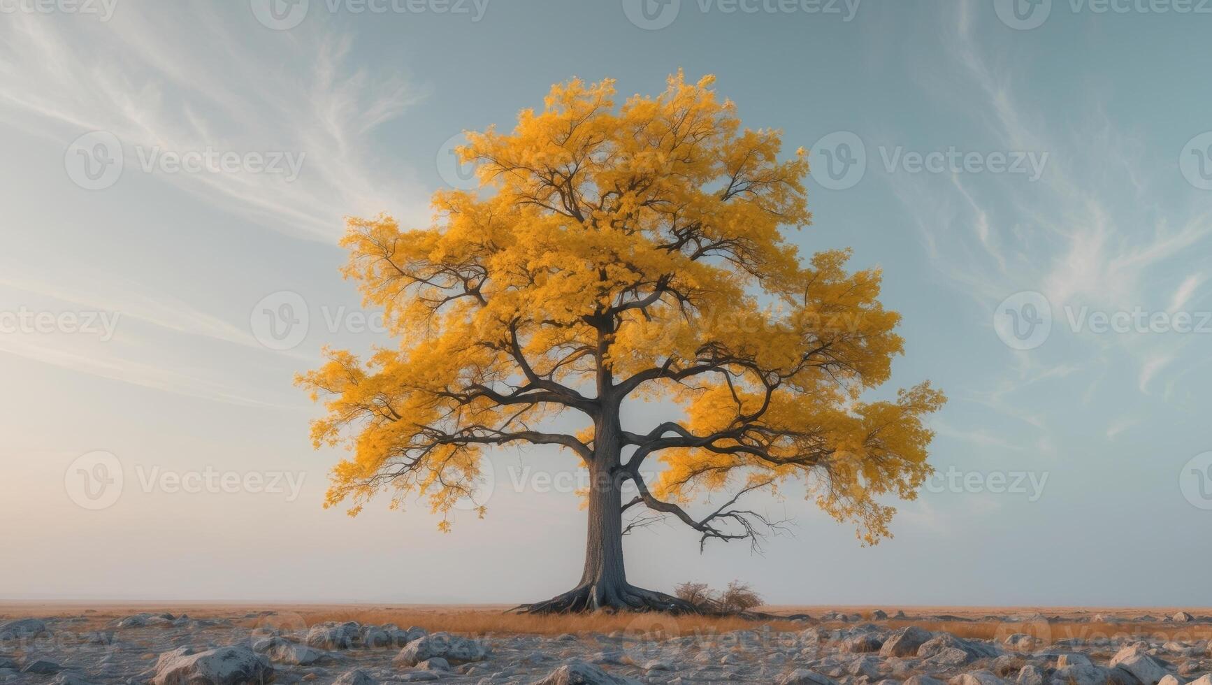 A tree with yellow leaves is standing in a rocky field photo