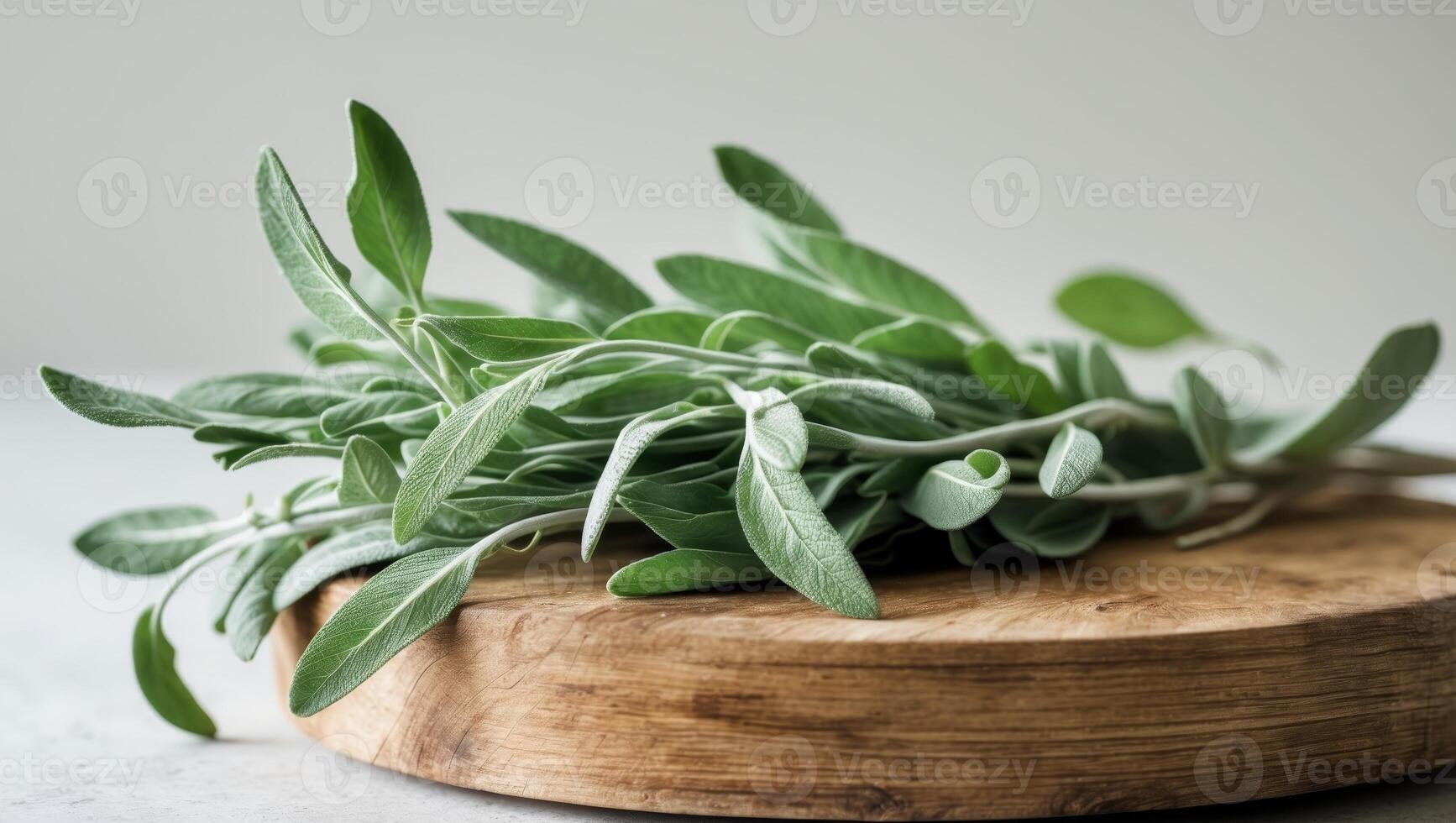 A wooden cutting board topped with fresh sage leaves photo