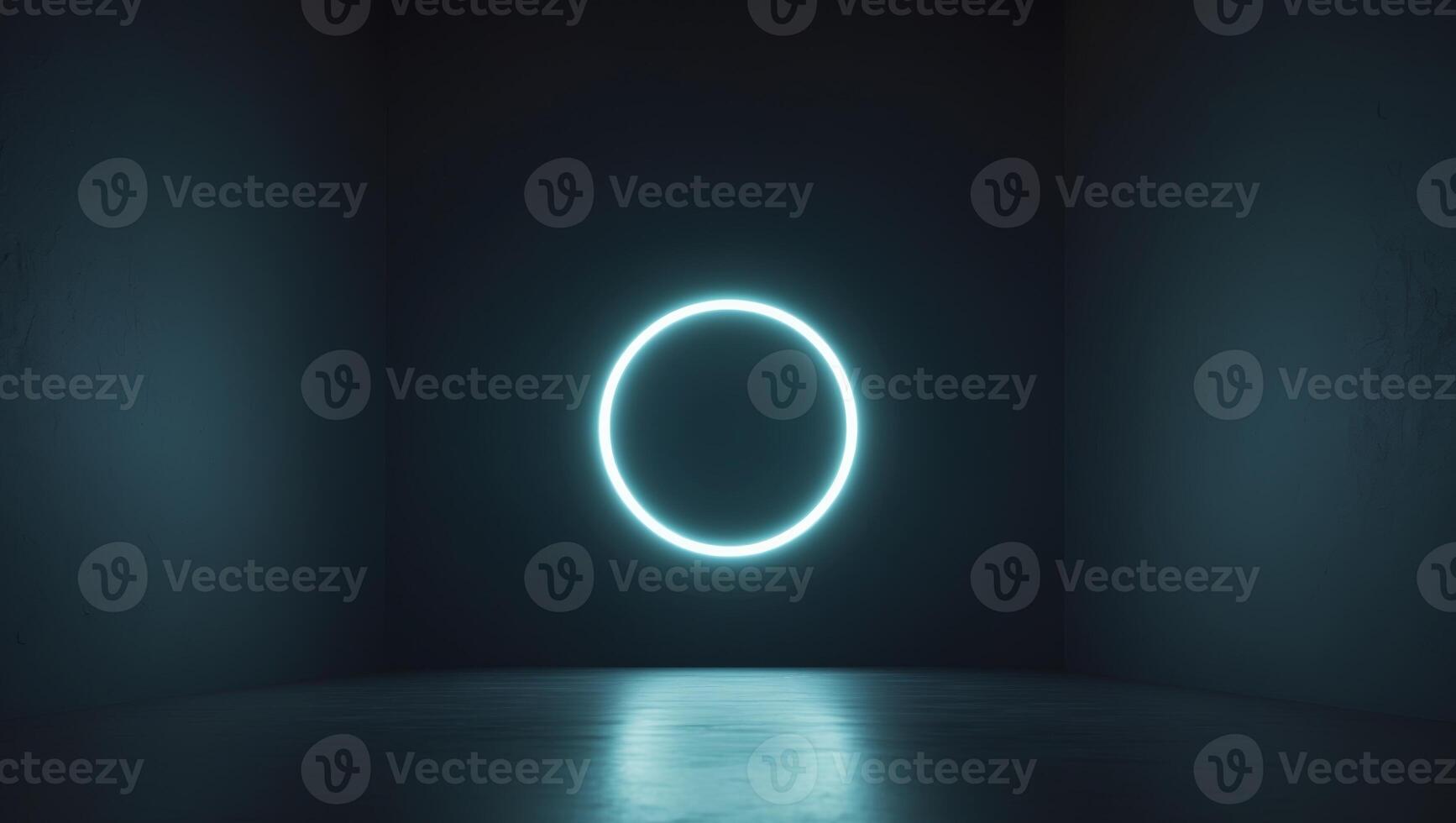 Abstract Futuristic Neon Circle Glowing in Dark Space with Reflective Surface photo