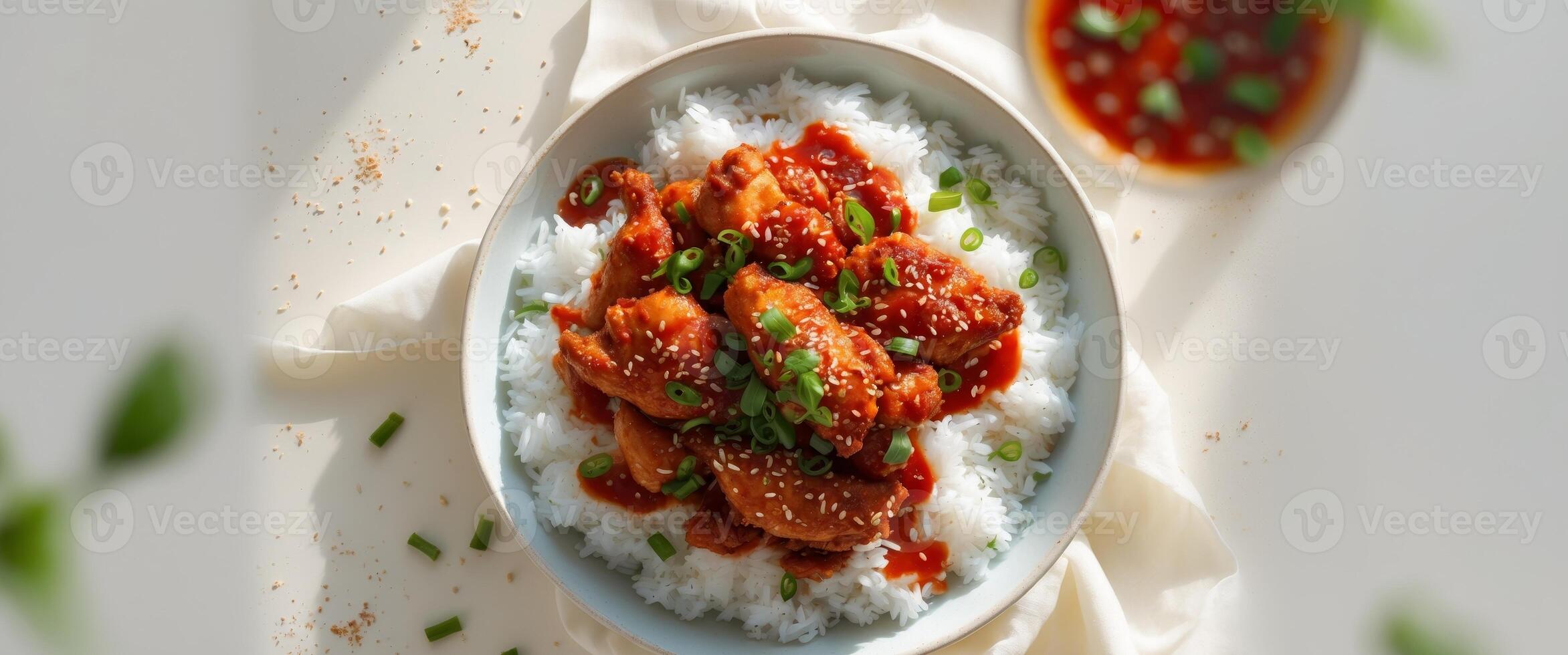 Delicious Crispy Chicken with Spicy Chili Sauce Served on a Bed of Fluffy Rice A Culinary DelightDelicious Crispy Chicken with Spicy Chili Sauce Served on a Bed of Fluffy Rice A Culinary Delight. photo