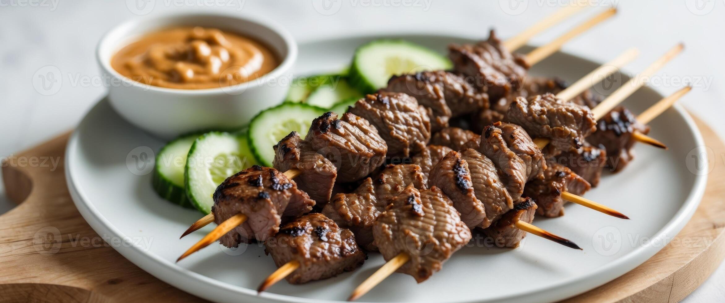 Delicious Grilled Beef Satay Skewers with Spicy Peanut Sauce and Cucumber Slices photo